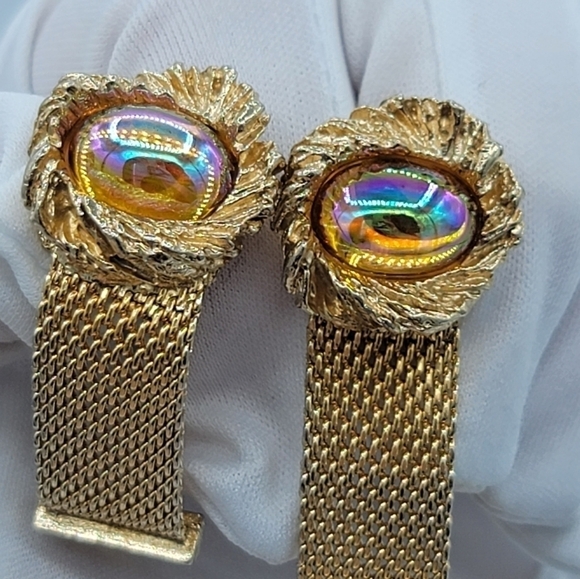 Goldtone Cufflinks Amber Tone Cabachon Aurora Borealis Finish #1182 - Picture 11 of 13
